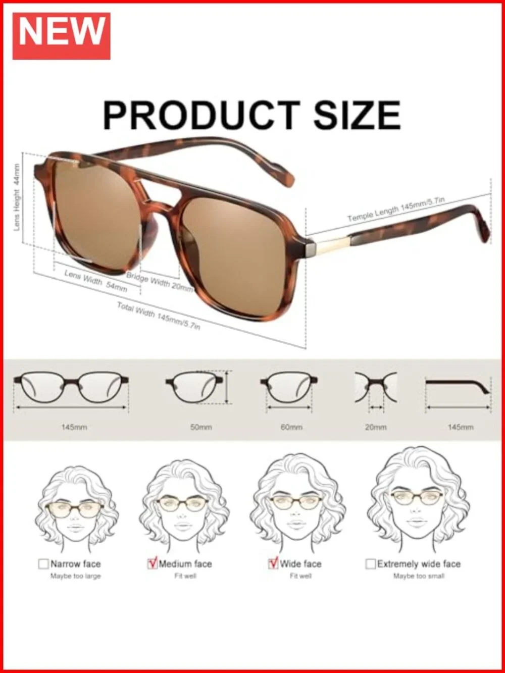 Retro Aviator Sunglasses for Women Men Polarized Rectangle UV400